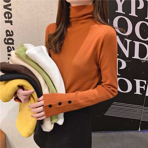 Women Sweaters Autumn Winter Turtleneck Button Long Sleeve Black White Thin Pullover Jumper Knitted Sweater Female 210526