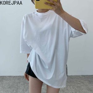 Korejpaa Women T-shirt Summer Korean Chic Simple O-neck Loose Casual Solid Color Open Fork Short-sleeved Tee Top Female 210526