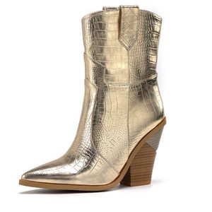 Nova Moda Crocodilo Pattern Senhoras Cowboy Wedges Nude Botas Sexy Snake Pattern Ponto de Tee Western Outono Inverno Inverno Martin Botas