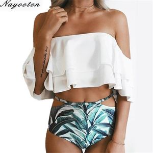 Nayooton Women Two Piece Swimsuit Off Shoulder White Ruffled Flounce Bikini Set High Waisted Bathing Suit S-XXL Swimwear 210621