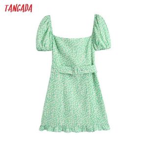 Tangada Verão Mulheres Verde Flores Imprimir Vestido de Estilo Francês Com Belt Buff Manga Curta Senhoras Vestido Vestidos Be747 210609