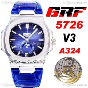 GRF V3 Jahreskalender 5726/1A-014 A324 Automatik Herrenuhr Mondphase 324SC Blaues abgestuftes Zifferblatt Lederarmband Super Edition 2021 Uhren Puretime F6