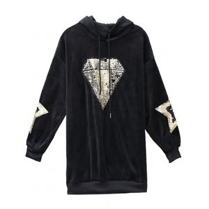 Kvinnor Svart Velvet Long Fleece Hooded Dress Sequined Diamond Star Bling Loose Gold Hip Pop Pullover Punk H0042 210514