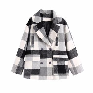 Casual Frau Plaid Woolen Mantel Mode Damen Herbst Zweireiher Jacke Weibliche Übergroße Oberbekleidung 210515