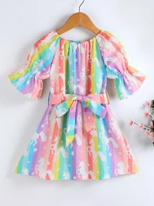 Toddler Girls Colorful Striped & Unicorn Print Flounce Sleeve Belted Dress SHE