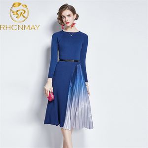 Elegant Slim Midi-Long Dress Långärmad Pullover Round Neck Strikkad Splice Pläterad Kvinnor Svart Med Sashes Dres 210506