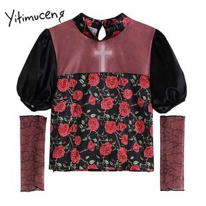 Yitimuceng Floral Impressão Blusa Mulheres Gaze Camisas Cut Out Reta Puff Manga O-Neck Roupas Verão Moda Coreana Tops 210601