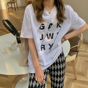 3彩夏の韓国風の特別レタープリント半袖Tシャツレディースルーズトップスティーシャツフェムメ（F4276）210423