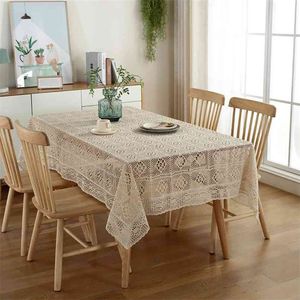 Crochet Hollow Tablecloth Home Decorative Rectangle Fabric Lace Beige Bedroom Coffee Table for Living Room Cover Cloth Mat 210626