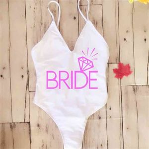 Costume da bagno sexy imbottito perizoma BRIDE SQUAD Donna Donna Fused Swimwear Backless White Team BRIDE Bather Monokini Bikini 210702