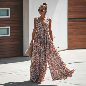 Boho Kleid Plus Size Ärmellos V-Ausschnitt Schnürung Split Lange Maxikleider für Frauen Sommer Partykleider Weiblich Abend 210527