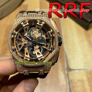 Вечность Часы RFF 26421 Скелетные циферблаты Rose Gold Diamond Inlay Bezel 904L Стальной корпус Япония ВК Кварцевый Хронограф Мужские Часы Резиновые Резиновые Ремень Сторонник 002001