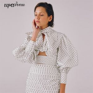 Free Fashion Chic Blouse Top Women Sexy Lapel Lantern Sleeve Hollow Lace-Up Design Polka Dot Short Shirt 210524