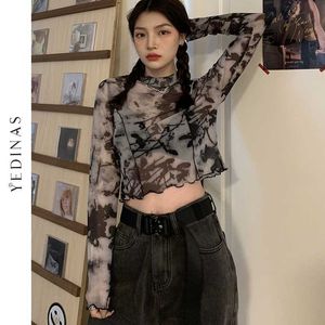 Yedinas Frühling Sommer Dünne Langarm Crop Top Frauen Durchsichtig Mesh T-shirts Tie Dye Falten Design Sexy Gothic Club Streetwear 210527