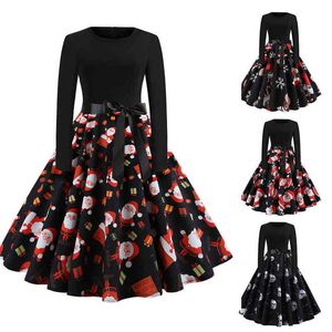 Winter Weihnachten Kleider Frauen Vintage Gedruckt Robe Swing Elegante Party Kleid O Neck Sexy Neue Jahr Langarm Kleid Plus größe Y1204