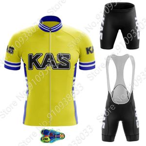 Team Kas Ciclismo Jersey Set Verão Verão Retro Roupas Homens Road Bike Camisas Terno Bicicleta Babada Calções MTB Vestuário Maillot Culotte Racing Sets