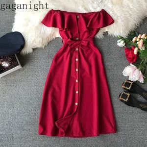 Gaganight Elegant Women Solid Patry Dress Off Shoulder Single Breasted Slash Neck Slim Summer Dresses Korean Chic Long Vestidos 210519