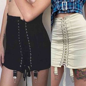 Frauen Hohe Taille Criss-Cross Lace-Up Vorne Bodycon Mini Bleistift Rock mit Strumpfband Gürtel Harajuku Solide Plissee paket Großhandel X0428