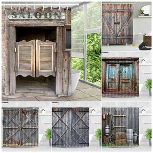 Retro oude houten deur douche gordijnen vintage schuur swinging saloon deuren waterdichte doek home decor scherm badkamer gordijn set
