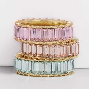 Aotelmeman Miedź Rainbow Ring Kolorowe Multi Color CZ Wieczność Baguette Finger Gold Pierścienie Kobiety Kobiety Akcesoria Biżuteria X0715