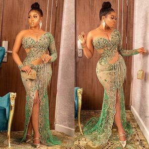 Plus Size Arabic Aso Ebi Luxurious Beaded Crystals Prom Dresses Lace Sheer Neck Mermaid Evening Formal Party Second Reception Gowns ZJ575