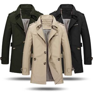 Męska Business Casual Kurtka Jesień Mężczyźni Długie Bawełna Wiatrówka Kurtki Znosić Męski Moda Długi Trench Płaszcz Płaszcz 211011