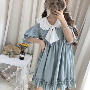 일본 캐주얼 대형 크기 느슨한 귀여운 여성 넥타이 ins 한국 대학 짧은 패션 레이스 여름 달콤한 소매 드레스 210608