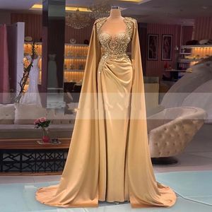 Luxury Gold Formal Evening Dresses With Cape Crystal Beaded Long Sleeves Ruched Satin Robe de mariée Mermaid Prom Party Gowns Custom Made