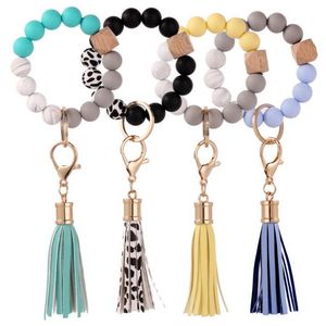 Smycken Silikonpärlor Keychain Trä Tassel String Chain Armband Key Ring Women Girl Wrist Rem Nyckelringar Mode Tillbehör 15 Design BT6594