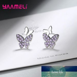 Stud 925 Sterling Silver Kolczyki Moda Amethyst fioletowy Cubic Cyrkon Butterfly Ear Brinco Pendientes Wedding Party Jewelry