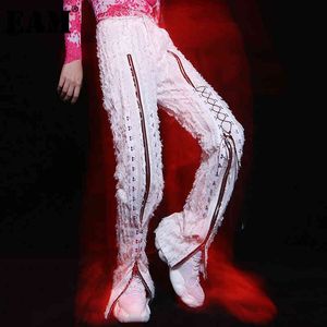 [EAM] Pantaloni con cerniera bianca con fasciatura e rivetti in piume Pantaloni larghi con vestibilità ampia Donna Moda Primavera Estate 1DD8470 21512