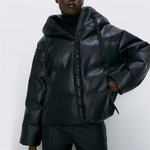 Vinterjacka Kvinnor Parka Vintage Black Leather s Coats Streetwear Kvinna Puffer Korean Hooded Coat 210913