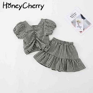 Girls Plaid Garnitur Lato Back Top Culottes Zestaw dwóch Tkaniny Dziewczynka Outfit Odzież 210515