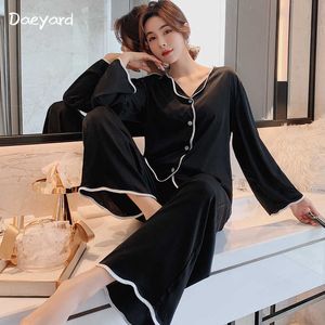 Daeyard Solid Simple Sleepwear Women Silk Satin Long Sleeve Pajama Set Spring Casual Loose Homewear Sexy V-Neck Pijama Q0706
