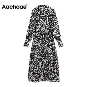 Animal Print Midi Side Split Leopard Shirt Long Sleeve Office Sashes Dress Autumn Spring Vestidos 210413