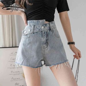 Hög midja shorts kvinnor sommar kvinnlig blå jean denim för brett ben vintage oregelbunden 8942 50 210521