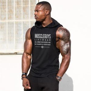 Muscleguys Summer Märke Mens Letters Print Gym Stringer Vest Bodybuilding Kläder Fitness Ärmlös Hooded Tank Toppar Män 210421