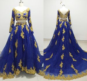 2022 Gold och Royal Blue Evening Prom Dresses 2 Pieces Applique Pärled V-ringen långärmad specail Tillfälle Kvinnor a-line quinceanera klänning
