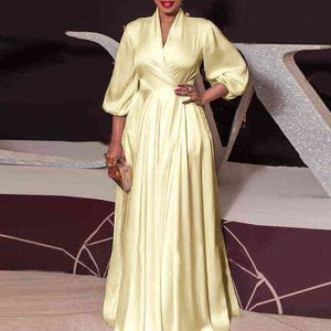 Kobiety Jesień Long Maxi Dress Dress 2021 Vonda Sexy V Neck Długie Rękaw Solid Dresses Bohemian Vestidos Femme Satin Srik Sundress Y220214