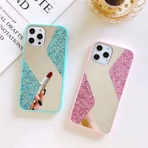 S-förmige Spiegel-Glitzer-Telefonhüllen TPU + PC + Glas-Handyhülle für iPhone 13 12 Mini 11 Pro Max X Xs Xr 7 8 6S Plus Samsung S21 A52 A72 DHL