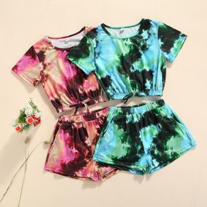 FOCUSNORM 4-9Y Yaz Rahat Çocuk Kız Elbise 2 adet Batik Baskılı Kısa Kollu T Shirt Şort