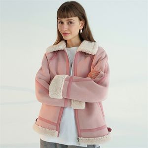 Vinter Kvinnor Tjock Varm Faux Fur Turndown Collar Overcoat Loose Lamb Wool Coat Moto Biker Cool Style Jacket 210430