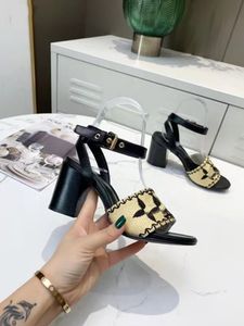 2024 Classic Original Luxury Designer Brand Sandals Womens Fashion Sexy High Block Heel Genuine Leather Ankle Strap Summer Pp Straw Sandal Weddin