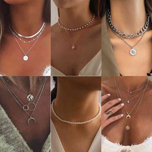 Bohemia Multilayer Necklace For Women Gold Silver Color Pearl Choker Necklaces 2021 Neck Jewelry Collier Femme