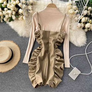 Sexy Bag Hip Folds Waist Strap Dress + High Neck Long Sleeve Knitted Bottoming Shirt Korean Style Suit Women UK331 210507
