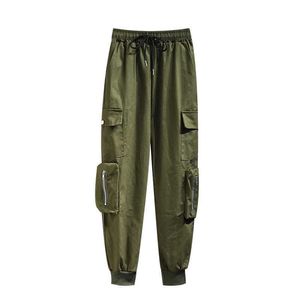 Vår höst Stor storlek 3xl Army Green Cargo Byxor Casual Kvinna Hög midja Lös Harajuku BF Hip Hop 210531