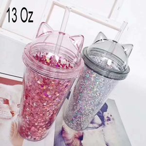 Cute 13oz Cat Ear Double Layer Water Straw Plastic Tumbler Coffee Juice Cup Flash Sequined Summer Cool Transparent Drinking Bottles Gift HY0026