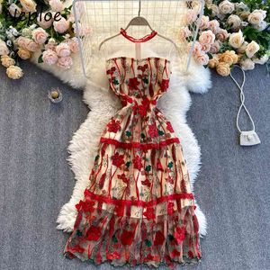 Neploe Heavy Work Flower Embroidery Vintage Dress Women O Neck Mesh Short Sleeve Vestido High Waist Hip Print A Line Robe Summer 210422