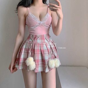 Womengaga 섹시한 중국 달콤한 격자 무늬 인쇄 활 털이 loli kawaii 아시아 여성 높은 허리 pleated 미니 스커트 스커트 핑크 UY87 210603