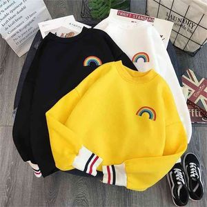 Vinter Rainbow Broderi Fleece Hoodie Korean Kawaii Sweatshirts Usagi 90s estetiska överdimensionerade Hoodie Girls Streetwear 210809